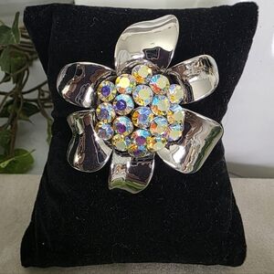 Silver Flower Brooch Pin with AB Crystal Stone Center